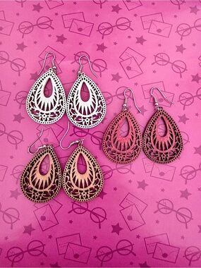 Set of 3 Wooden Laser-Cut Pierced Earrings